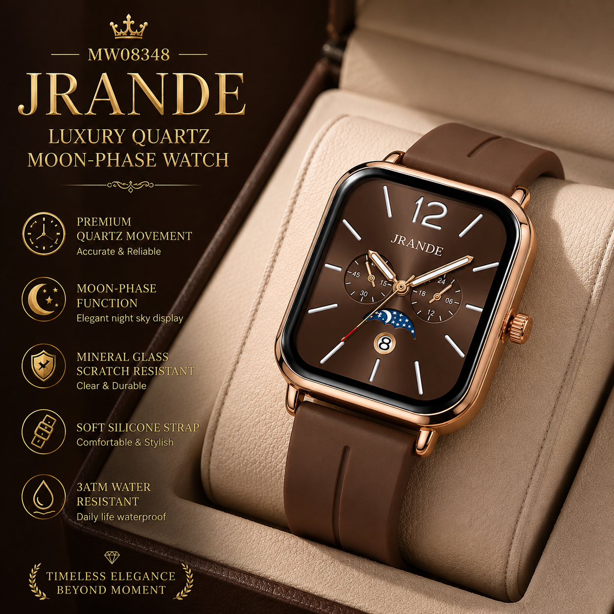 MW08348 JRANDE Luxury Quartz Moon-Phase Watch