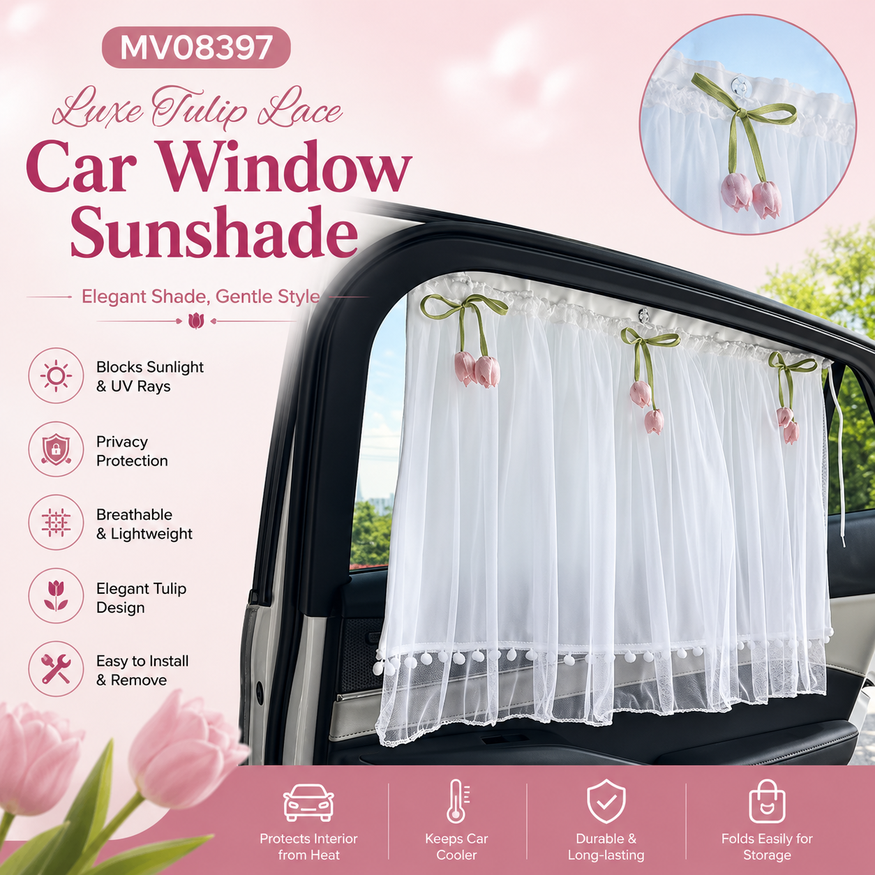 MV08397 Luxe Tulip Lace Car Window Sunshade