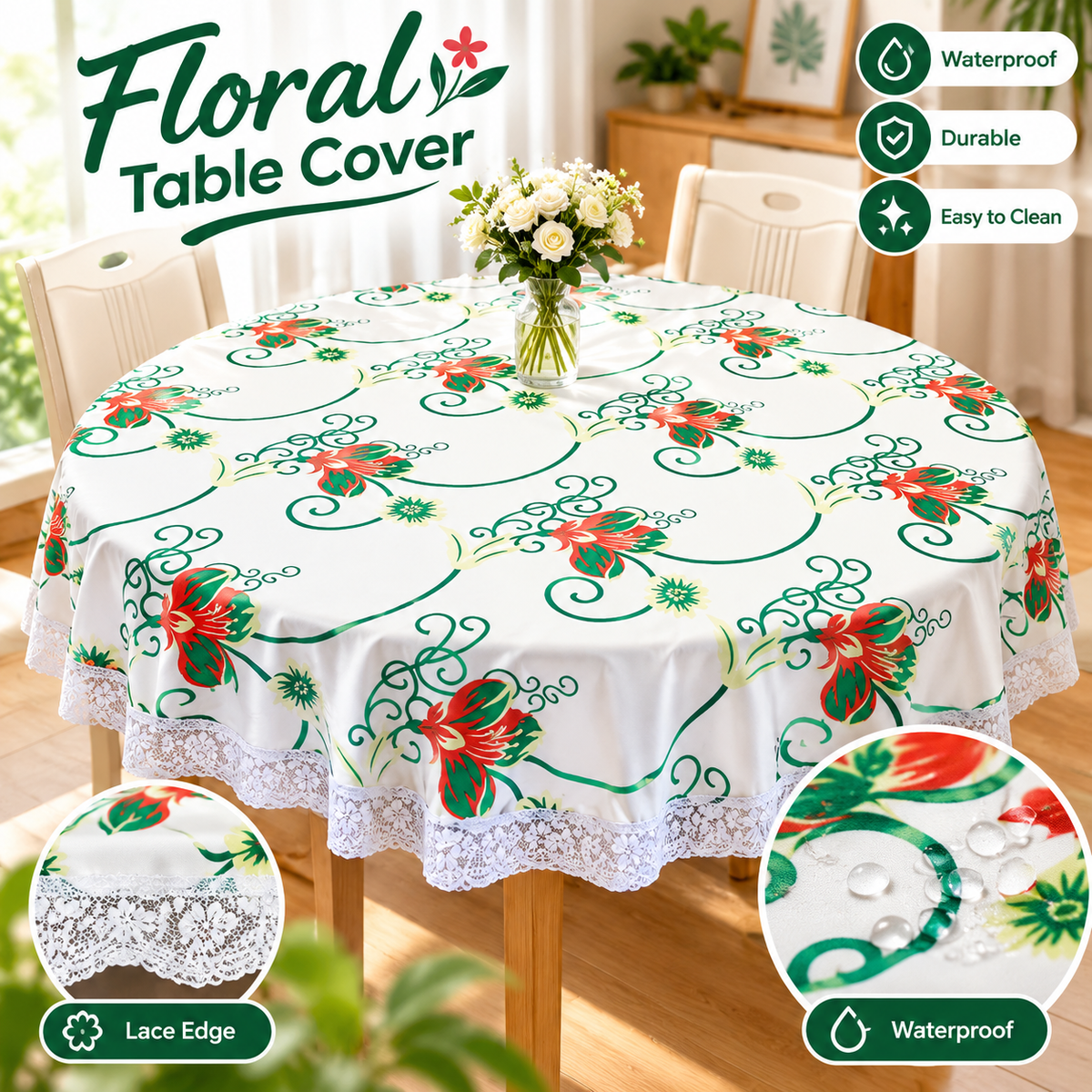 MH08513  Floral Waterproof Table Cover