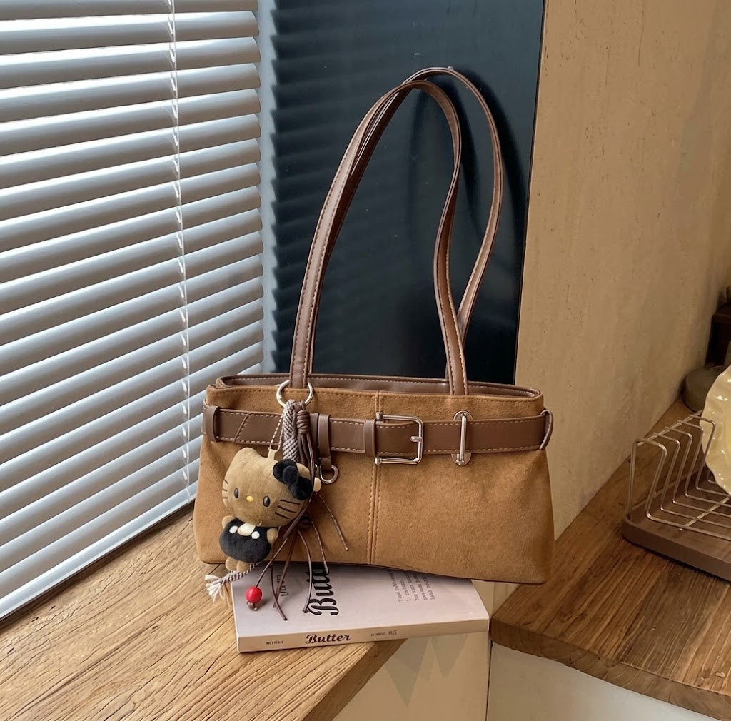 MB08609  Vintage Suede Belted Shoulder Bag