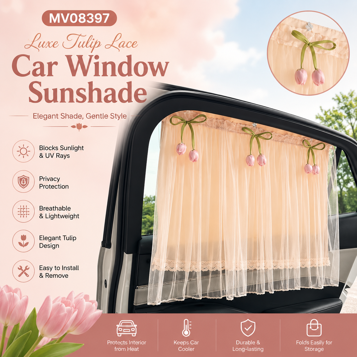 MV08397 Luxe Tulip Lace Car Window Sunshade