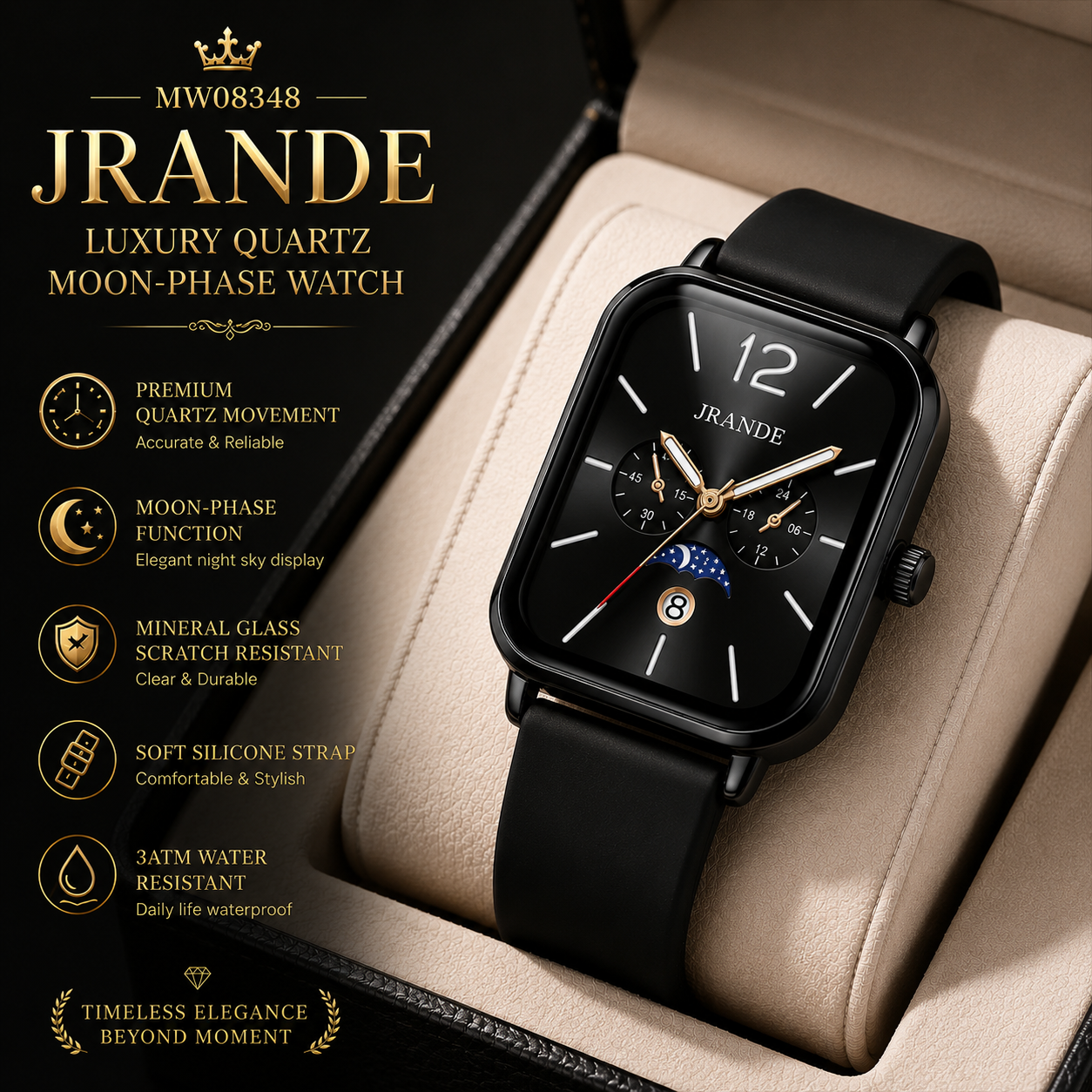 MW08348 JRANDE Luxury Quartz Moon-Phase Watch