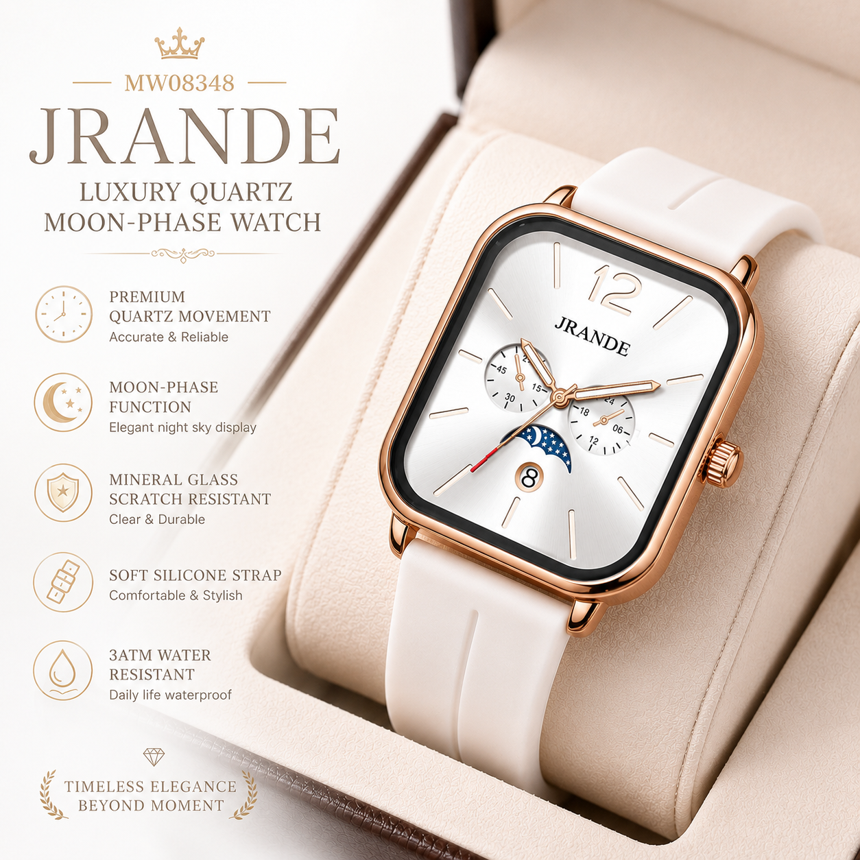 MW08348 JRANDE Luxury Quartz Moon-Phase Watch