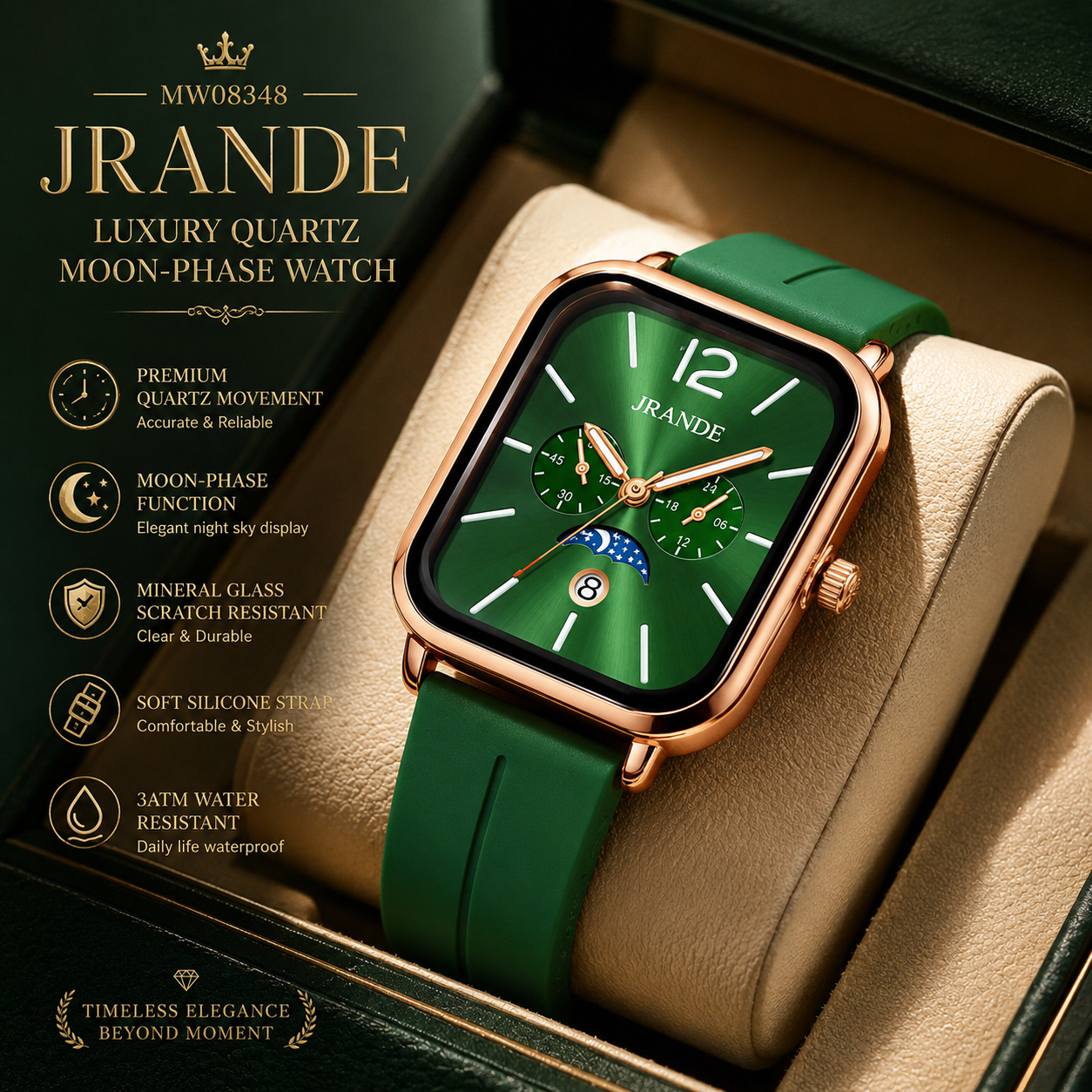 MW08348 JRANDE Luxury Quartz Moon-Phase Watch