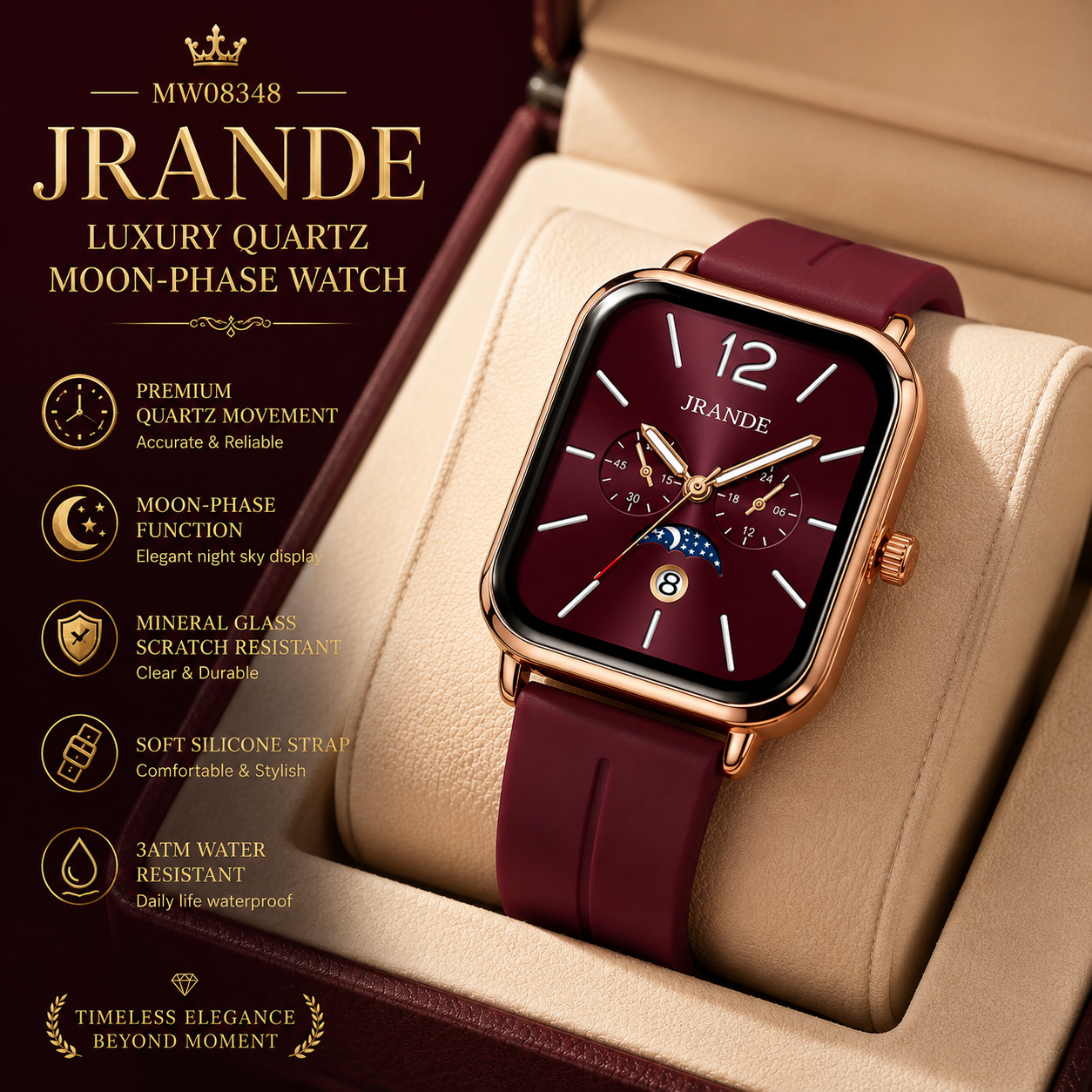 MW08348 JRANDE Luxury Quartz Moon-Phase Watch