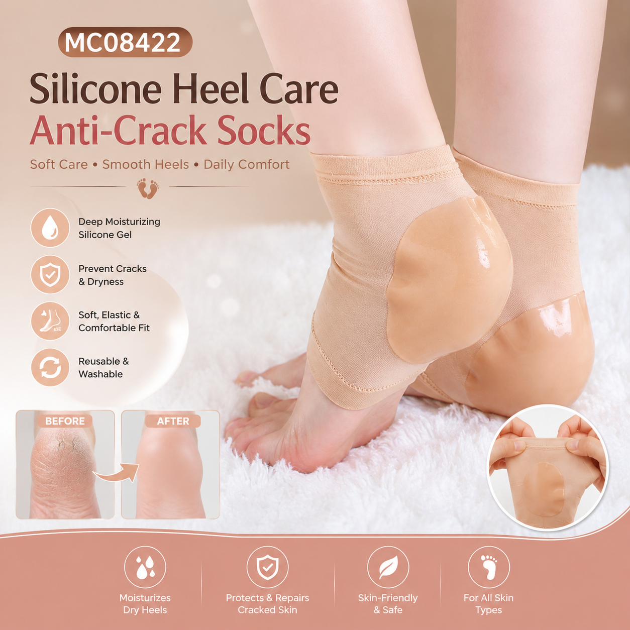 MC08422 Silicone Heel Care Anti-Crack Socks (1Pair)