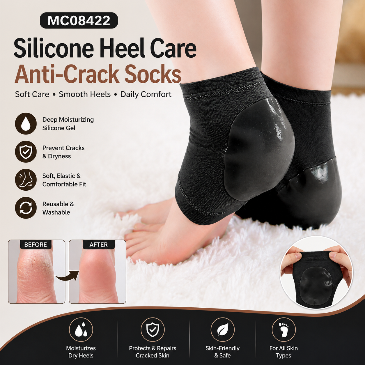 MC08422 Silicone Heel Care Anti-Crack Socks (1Pair)
