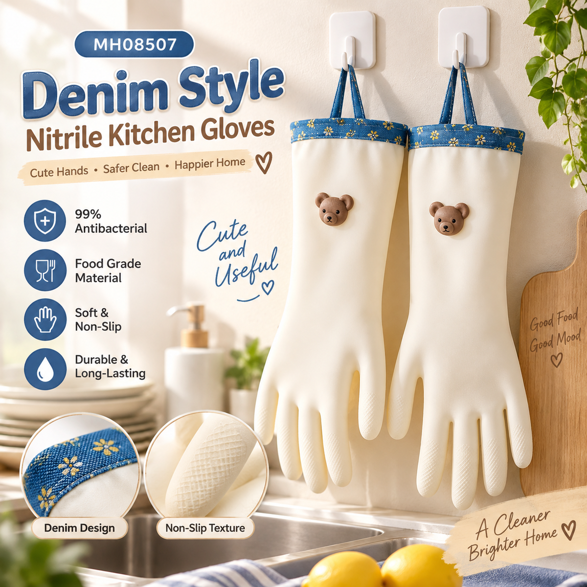 MH08507  Denim Style Nitrile Kitchen Gloves