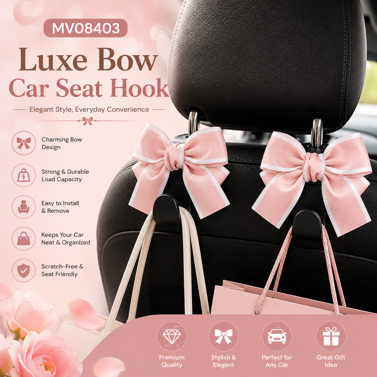 MV08403  Luxe Bow Car Seat Hook (2Pcs)