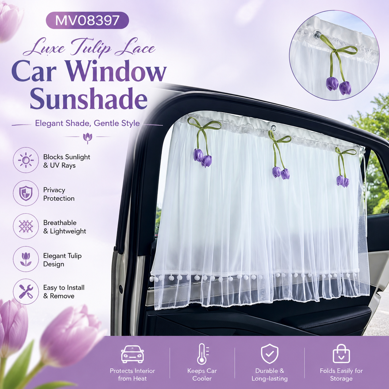 MV08397 Luxe Tulip Lace Car Window Sunshade