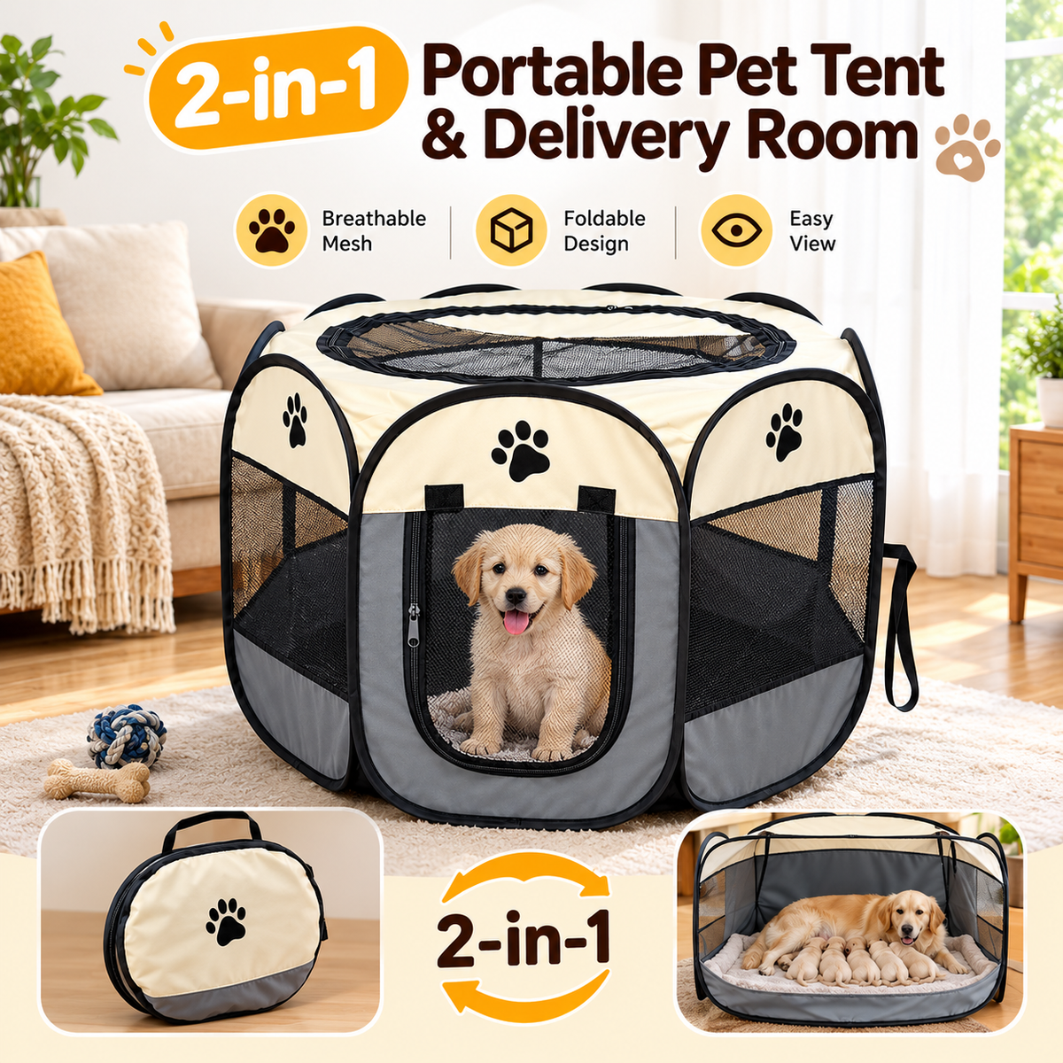 MP08664  2-in-1 Portable Pet Tent & Delivery Room